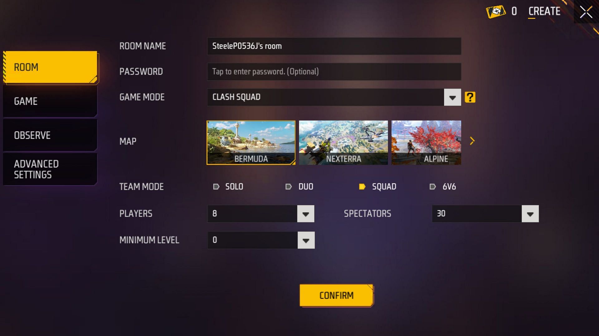 Select the required details and press the confirm button to create a custom room (Image via Garena)