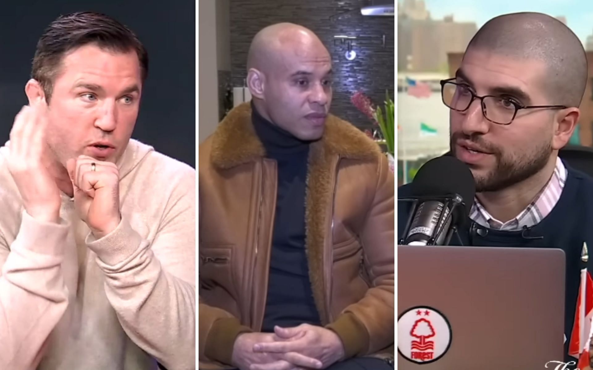 Chael Sonnen (Left), Ali Abdelaziz (Middle), and Ariel Helwani (Right) [Photo credit: MMAFightingonSBN - YouTube, and The Schmo - YouTube]