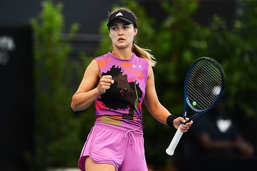 Anna Kalinskaya celebrates a point at the 2023 Adelaide International 2