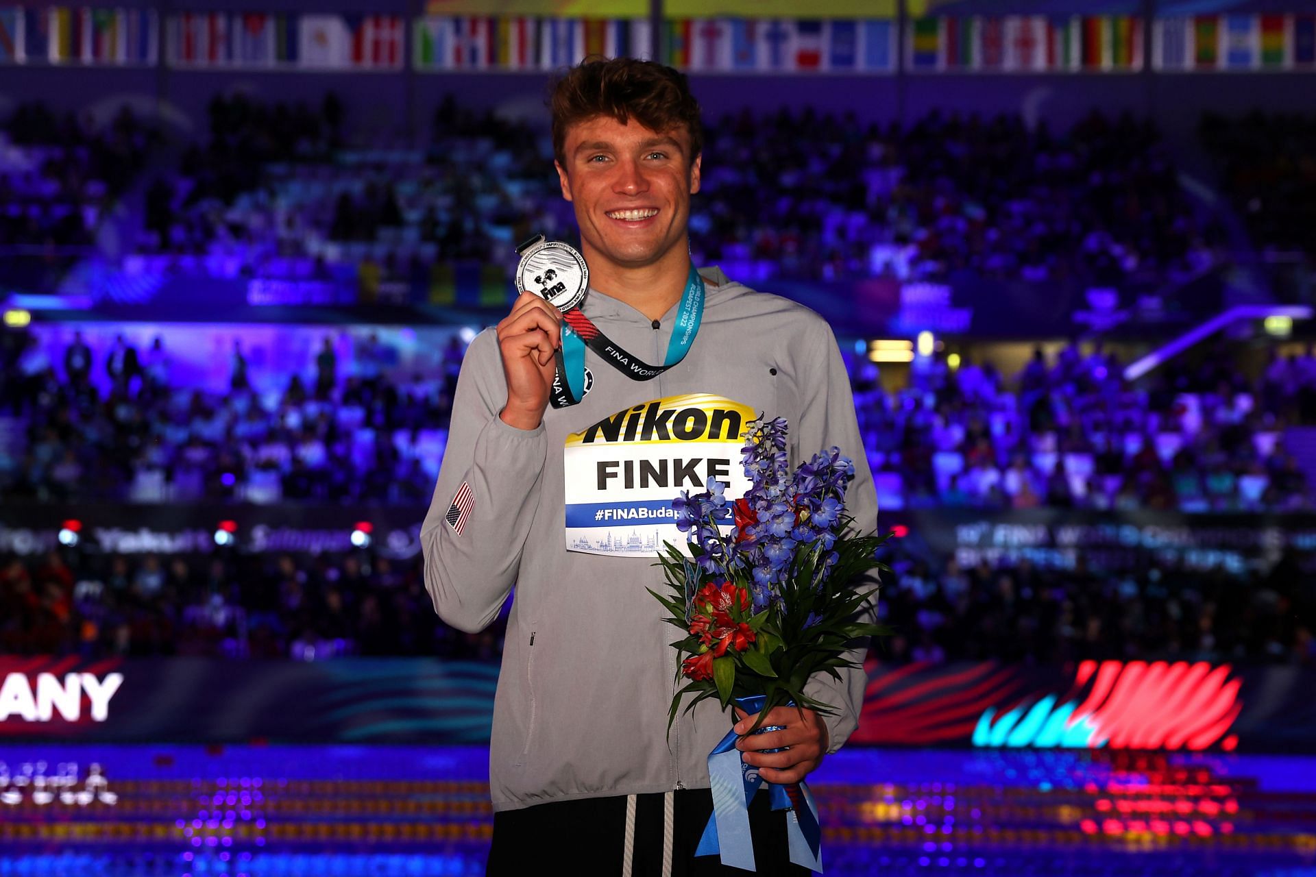 Silver medalist Bobby Finke of Team United States poses with their medal during the medal ceremony for the Men&#039;s 1500m Freestyle Final on day eight of the Budapest 2022 FINA World Championships