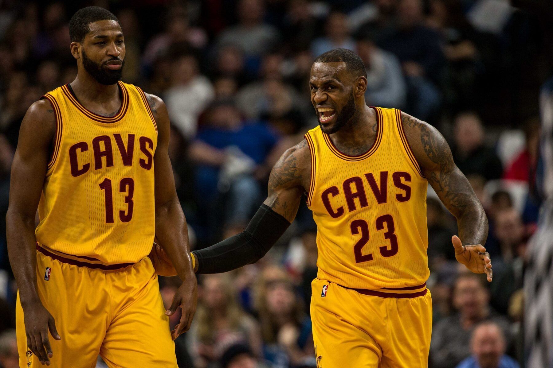 Former Cleveland Cavaliers teammates Tristan Thompson, left, and LeBron James