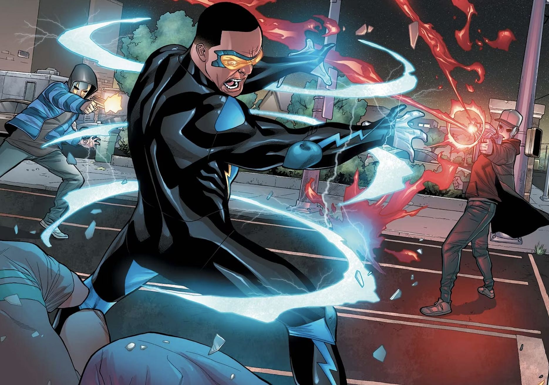 Black Lightning, the electrifying hero, fights crime with his lightning powers and his unwavering dedication to his community (Image via DC Comics)