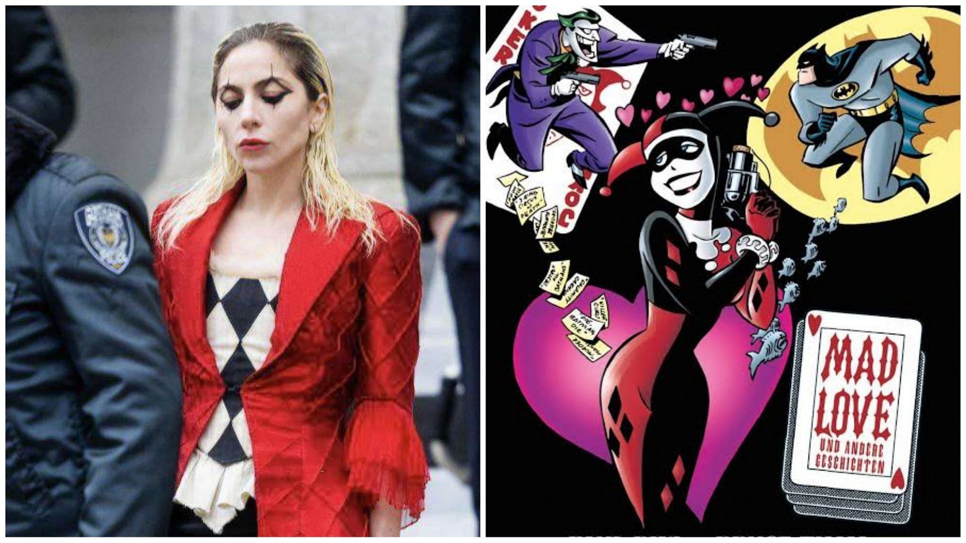 Lady Gaga as Harley Quinn and the cover for &quot;Mad Love&quot; (Images via @homeofdcu/Twitter and DC Comics)