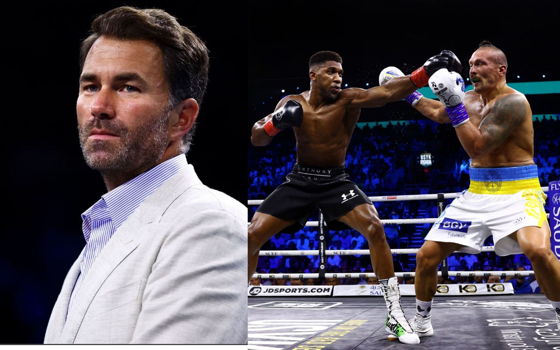 (Left) Eddie Hearn and (Right) Oleksandr Usyk v Anthony Joshua 2 - Rage on the Red Sea World Heavyweight Title Fight