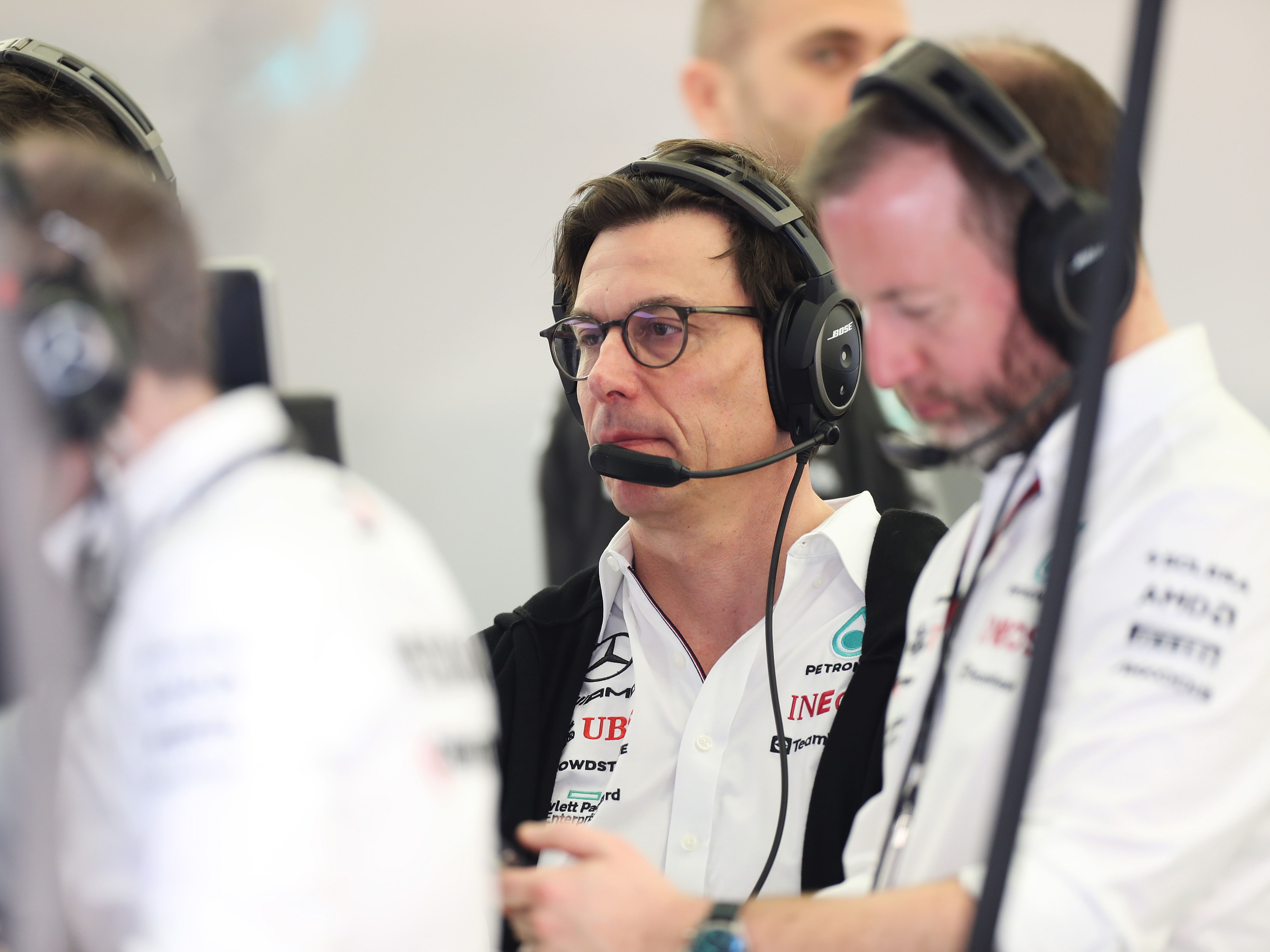 Mercedes GP Executive Director Toto Wolff looks on in the garage during day one of 2023 F1 Testing at Bahrain International Circuit (Photo by Peter Fox/Getty Images)