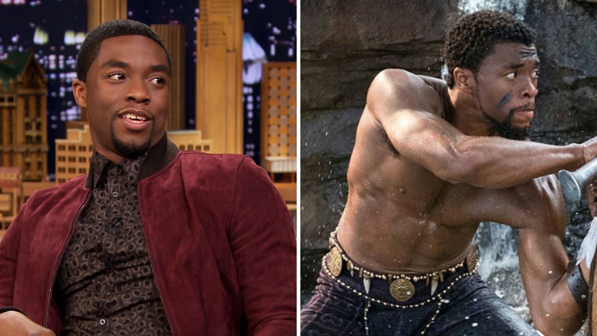 Chadwick Boseman&#039;s transformation for his role as T&#039;Challa/Black Panther in Black Panther (Image via Sportskeeda)