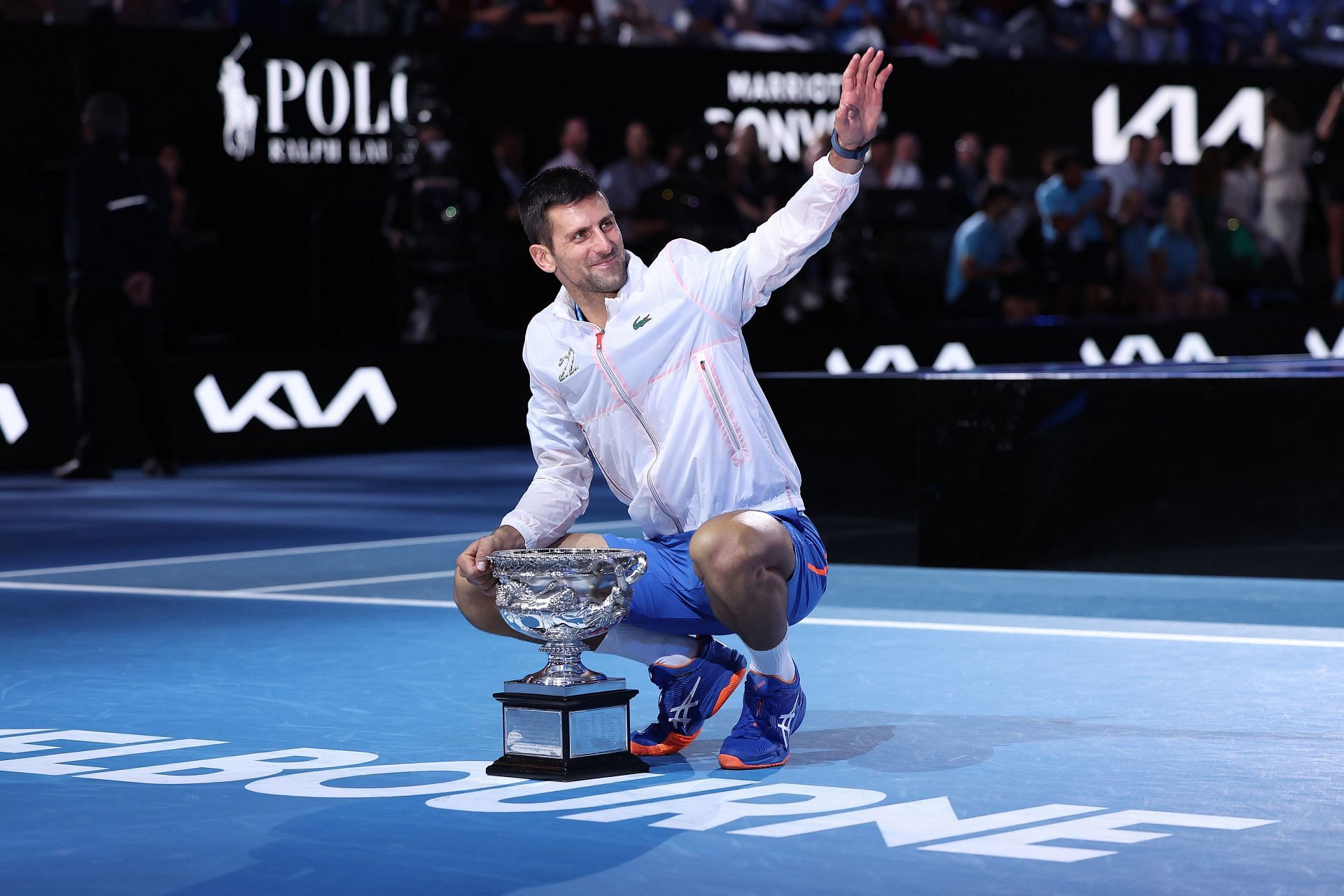 Novak Djokovic celebrates after winning the 2023 Australian Open.