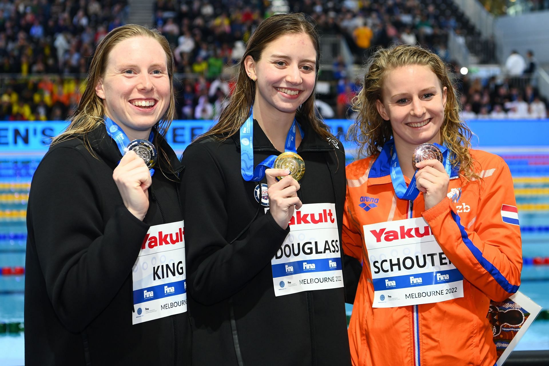 Lilly King (with Silver), Kate Douglass (with gold), and Tes Schouten (with Bronze) at the 2022 FINA World Short Course Swimming Championships
