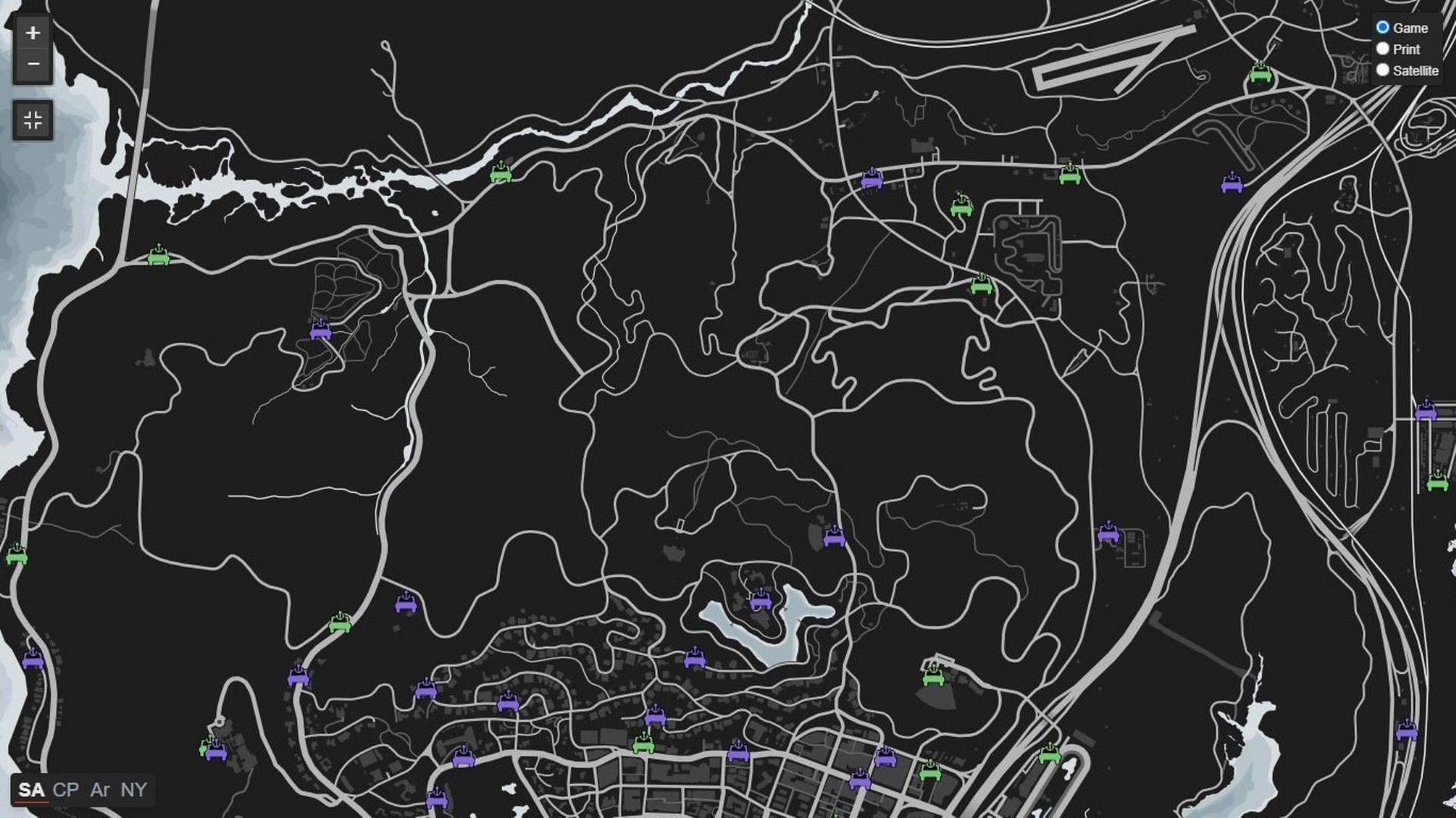 Second map screenshot shows 35 more car locations (Image via GTALens)