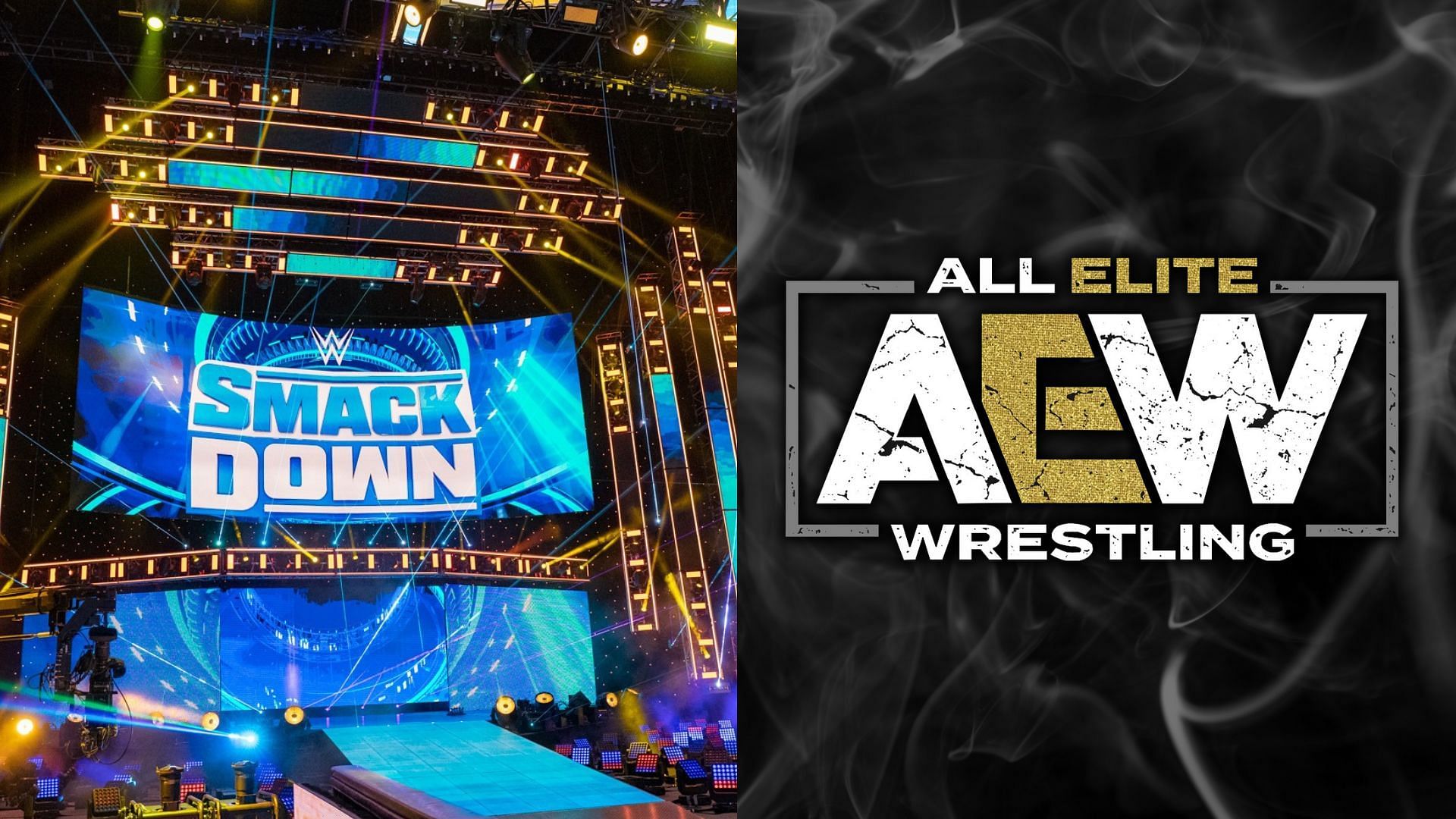 SmackDown stage (left), AEW logo (right)