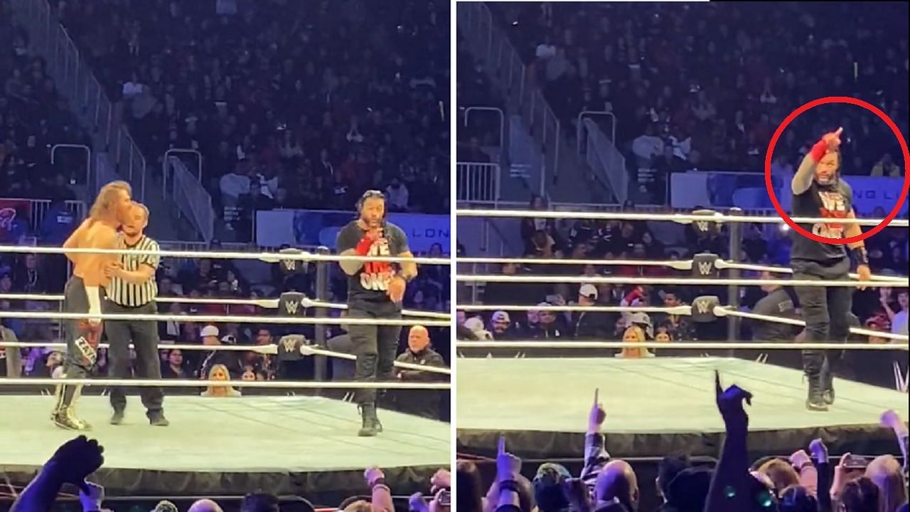 Reigns pointed at a fan before his match with Sami Zayn