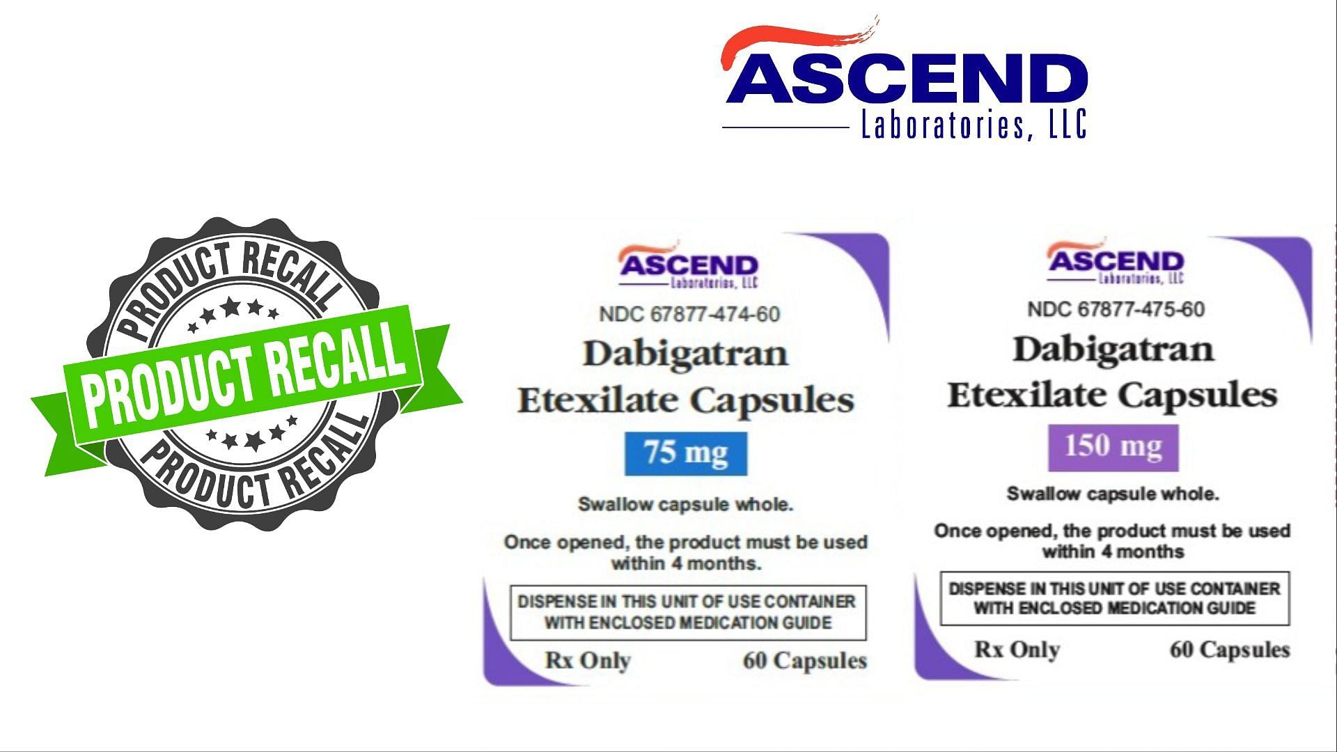 Ascend Laboratories LLC. recalled Dabigatran Etexilate Capsules over concerns about nitrosamine impurities (Image via FDAreport.com)