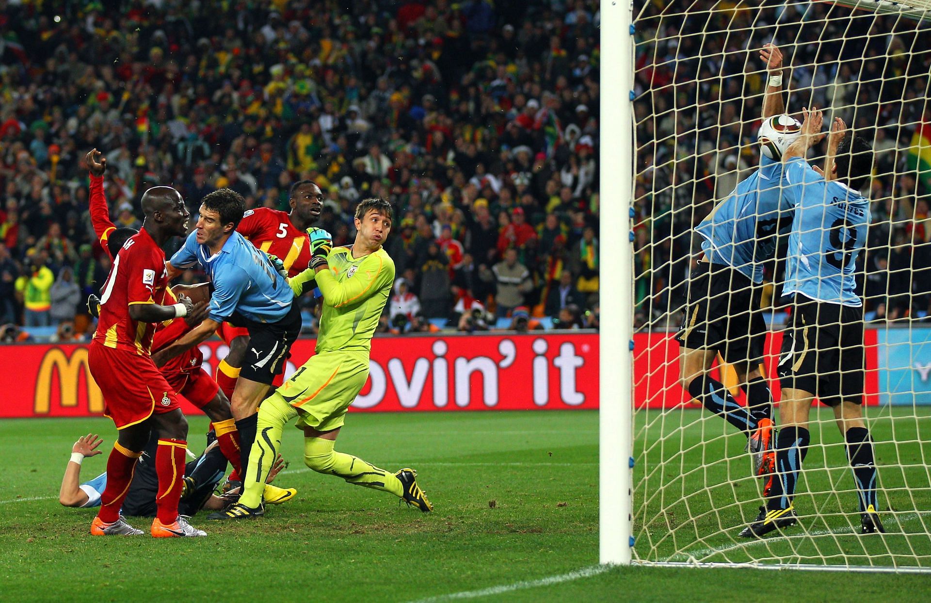 Suarez deliberately handled the ball on the goal line, denying Ghana a clear goal-scoring opportunity.