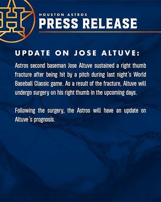 Houston Astros' Jose Altuve has broken right thumb, needs surgery