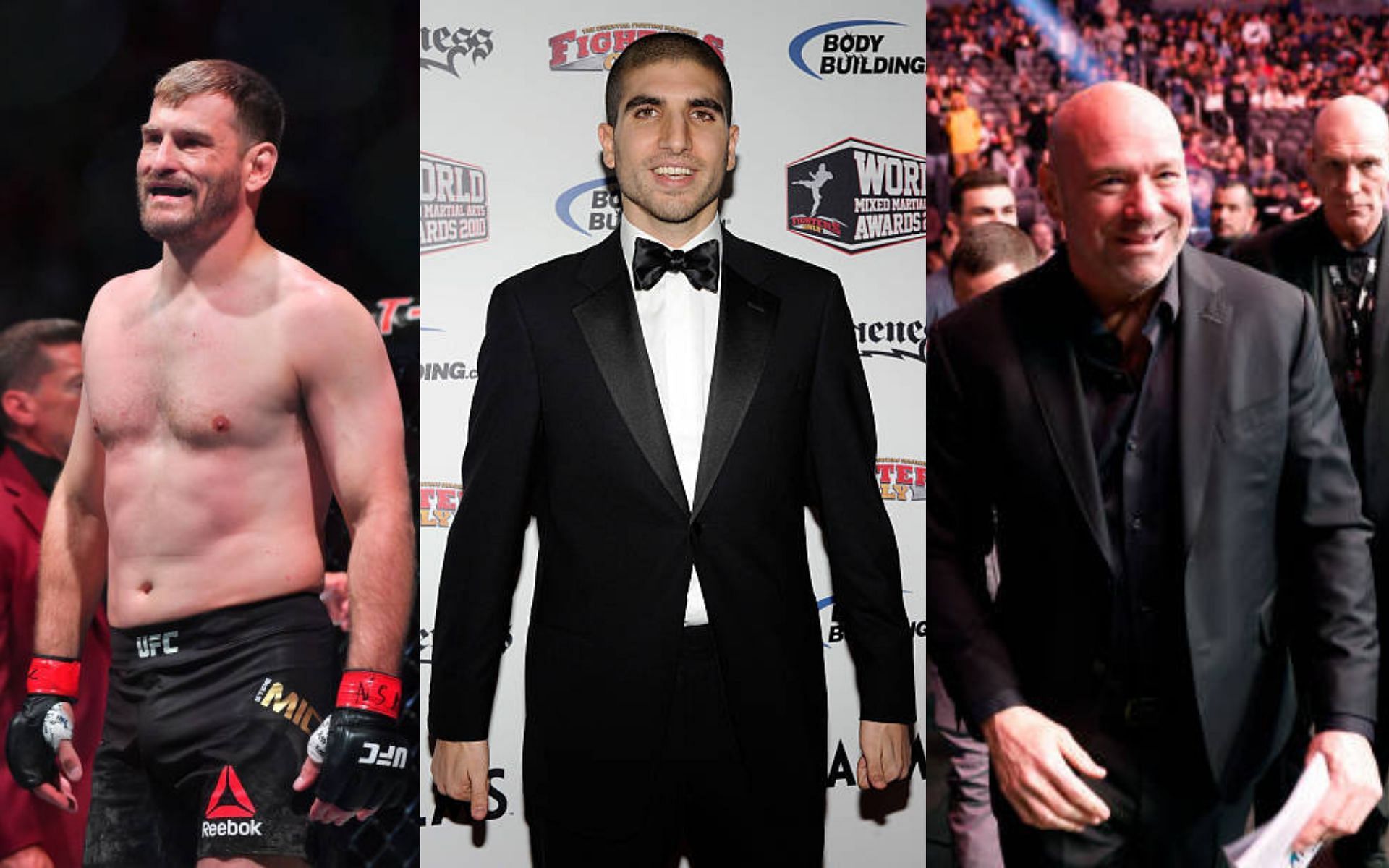 From left to right: Stipe Miocic, Ariel Helwani, and Dana White