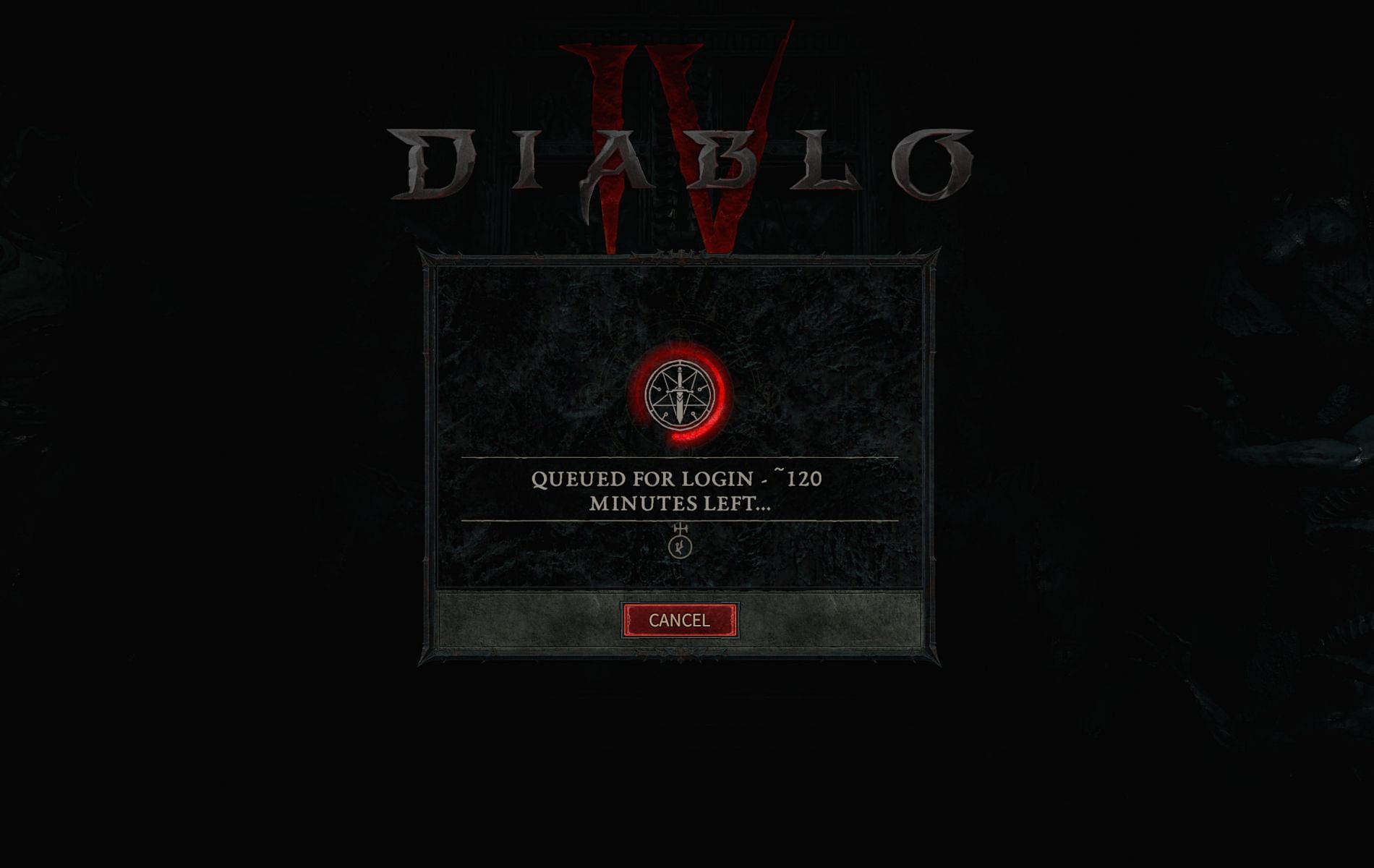 Diablo 4 &ldquo;Queued for login 120 minutes/2 hours left&rdquo; error (Image via Diablo 4)