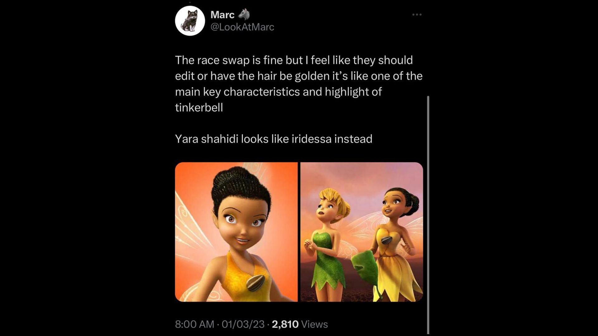 Screenshot of a Twitter user remarking on Shahidi&#039;s casting as Tinkerbell in Disney&#039;s upcoming live-action movie.