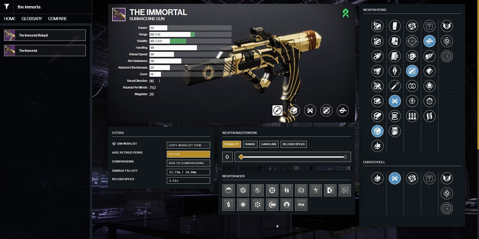 The Immortal PvP god roll (Image via D2Gunsmith)