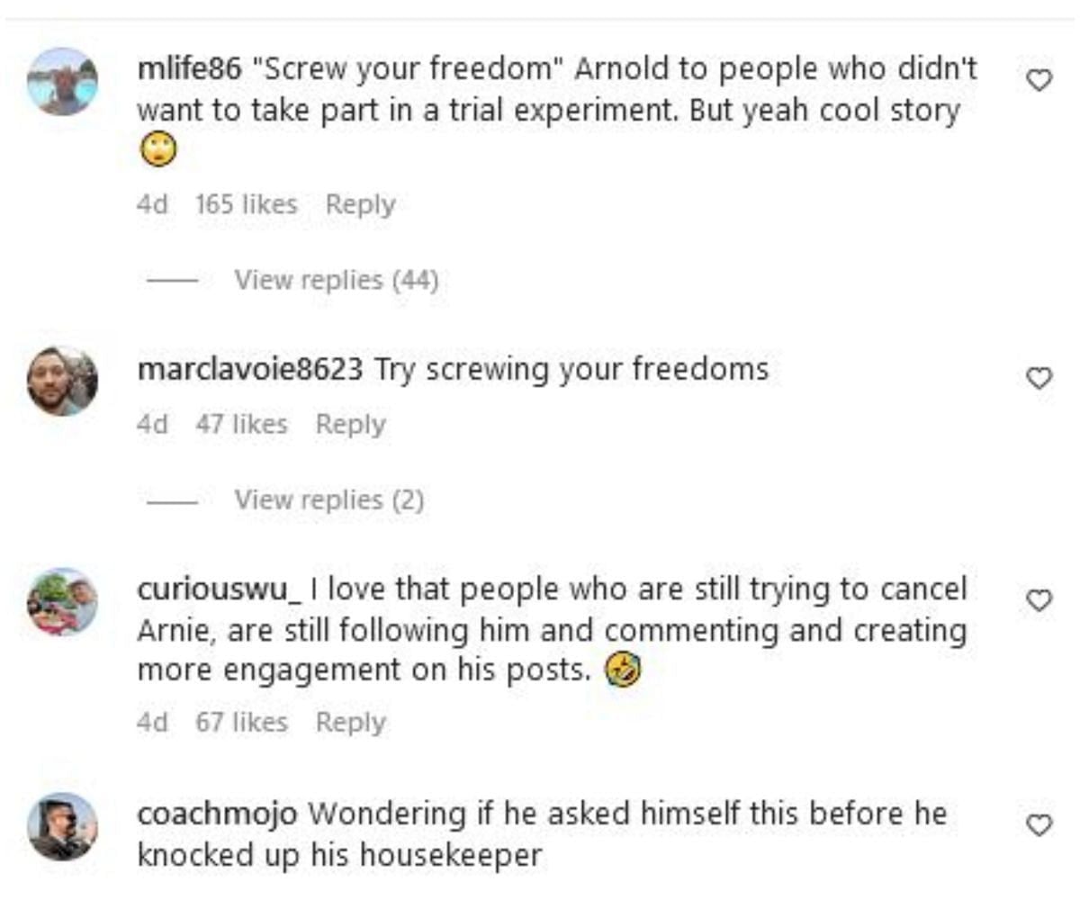 Screengrab of Arnold Schwarzenegger&#039;s Instagram comment section