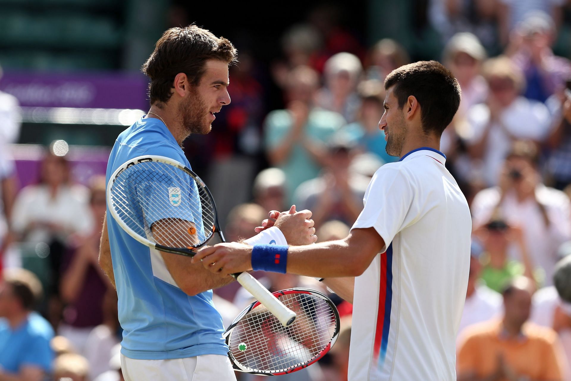 Juan Martin del Potro (L) and Novak Djokovic