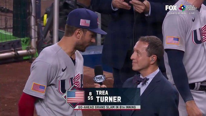 Trea Turner hits a grand slam in the eighth inning of the United States'  World Baseball Classic quarterfinal game against Venezuela at LoanDepot  Park in Miami, Florida, on March 18, 2023. (Kyodo)==Kyodo