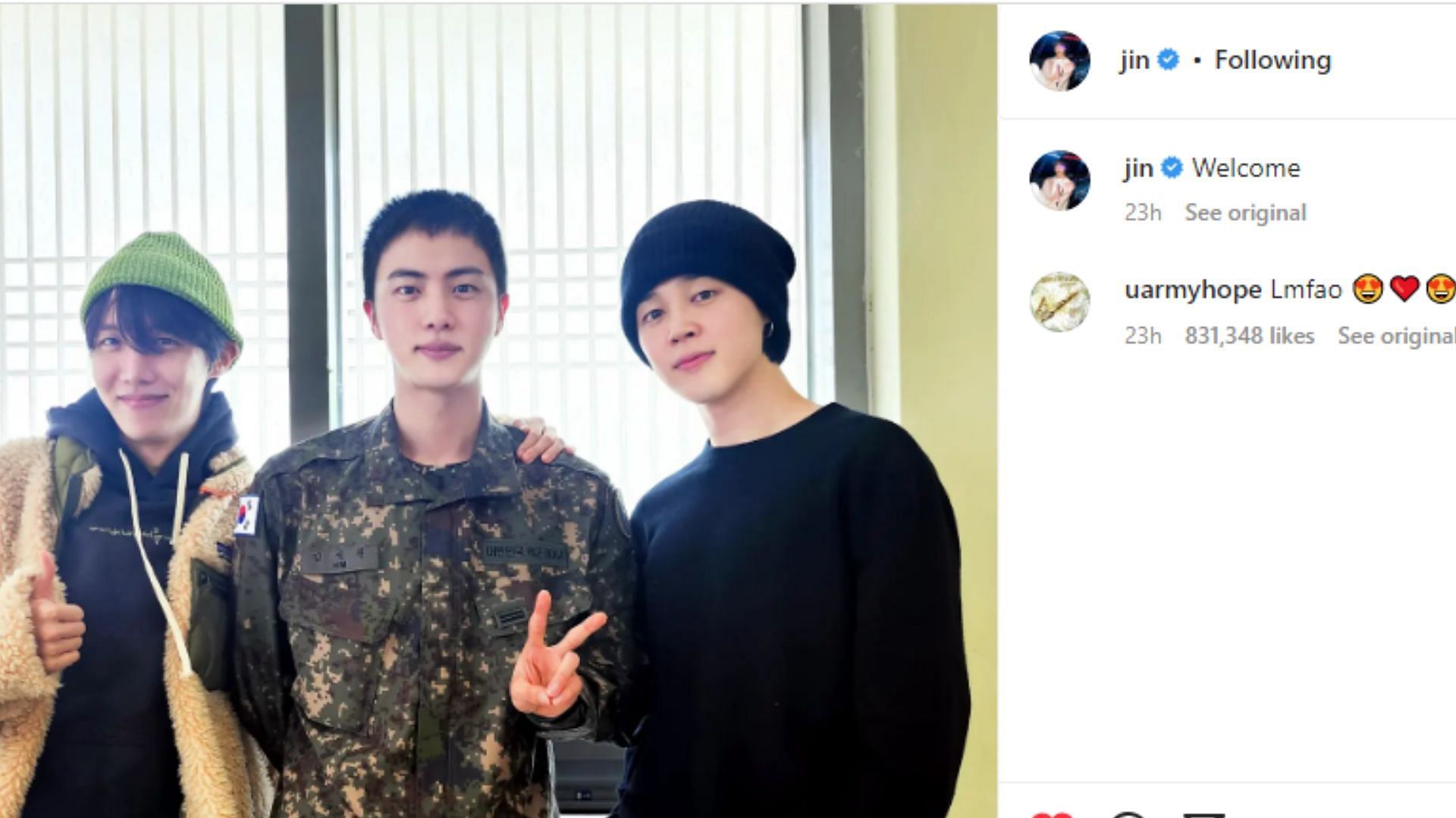BTS&#039; Jin and J-hope indulge in fun banter on Instagram (Image via Instagram/@jin)