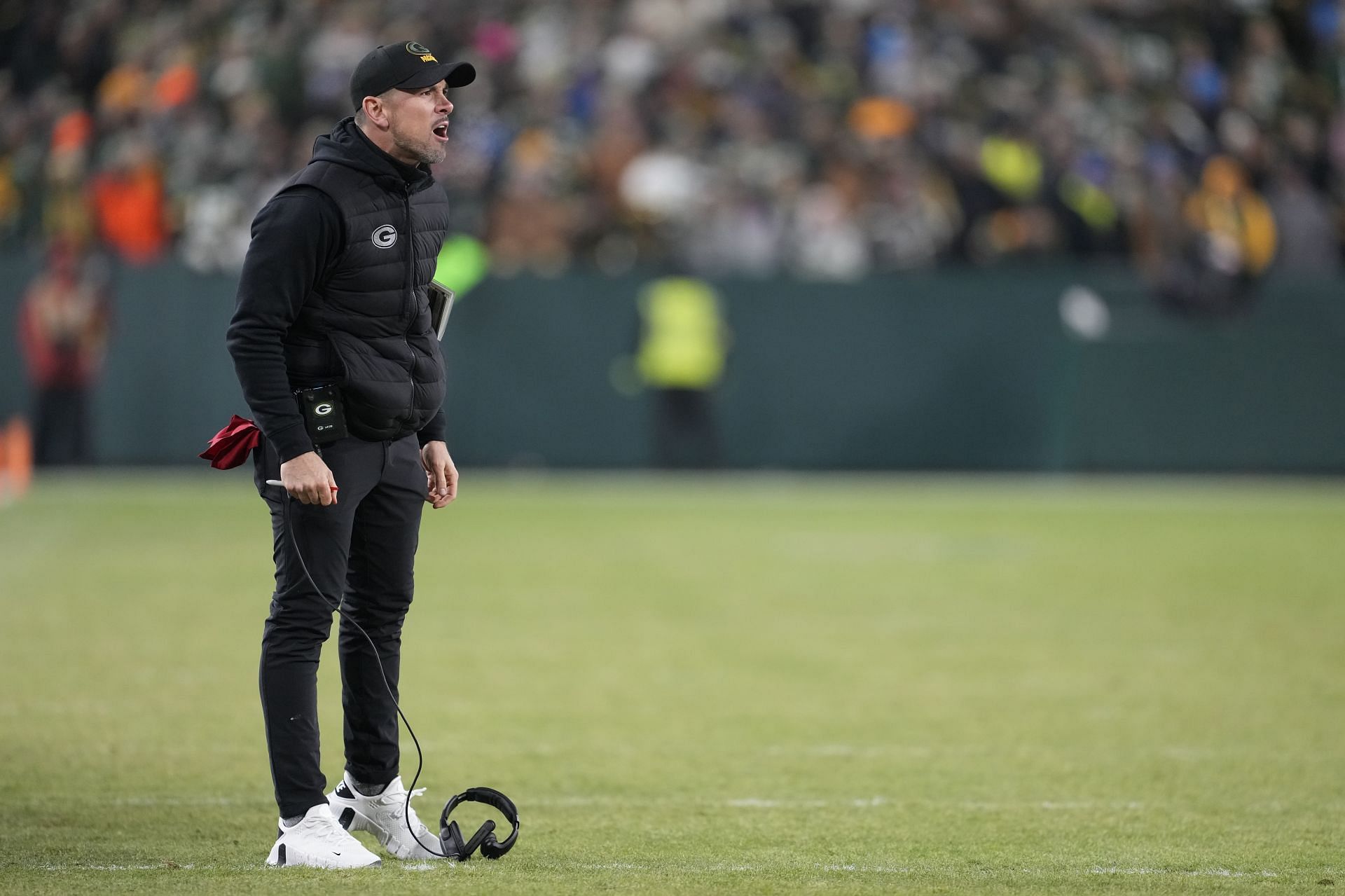 Head coach Matt LaFleur of the Green Bay Packers reacts after a penalty during the fourth quarter against the Detroit Lions
