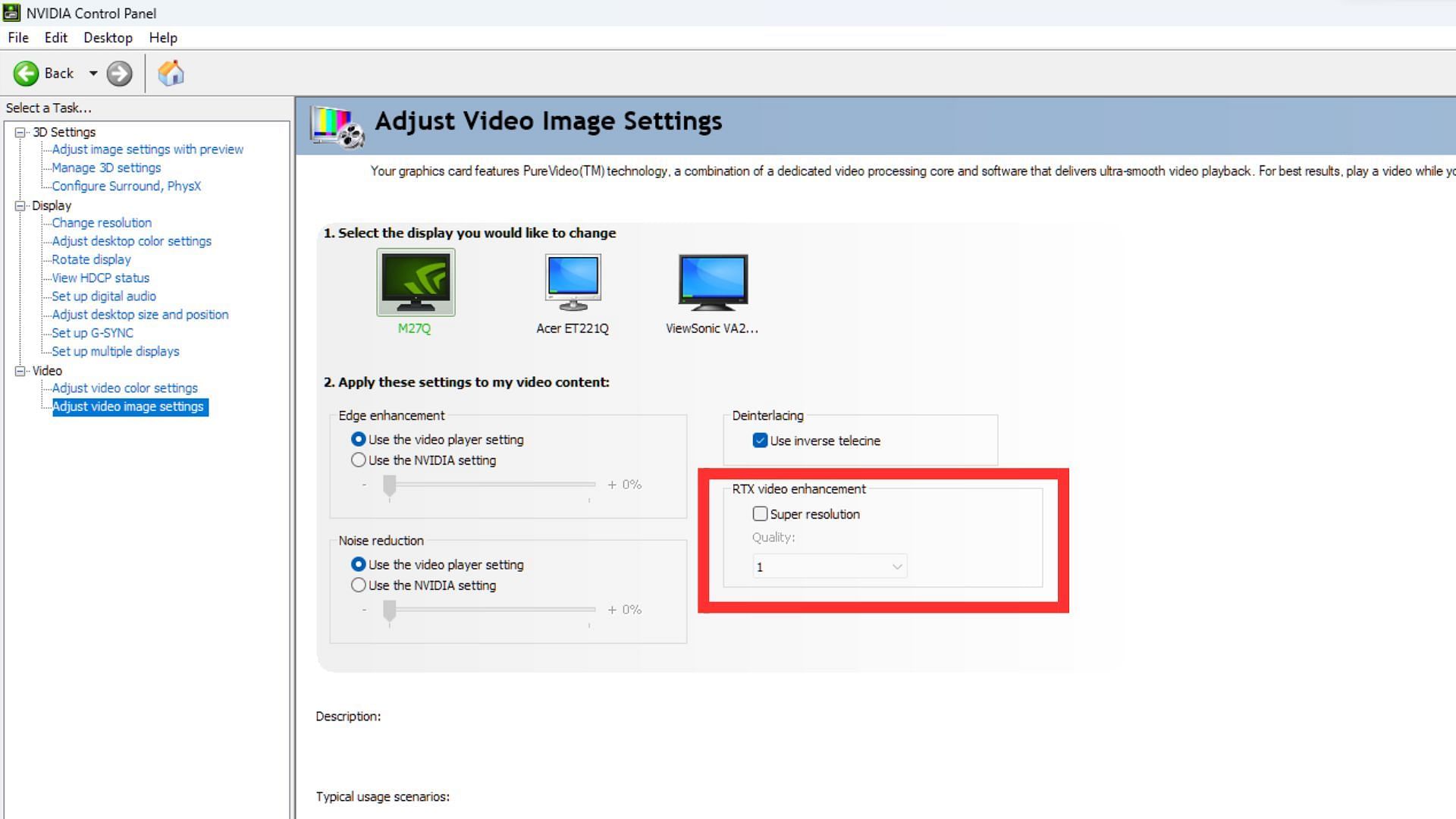 The RTX Video Super Resolution toggle in Nvidia video card settings (Image via Sportskeeda)
