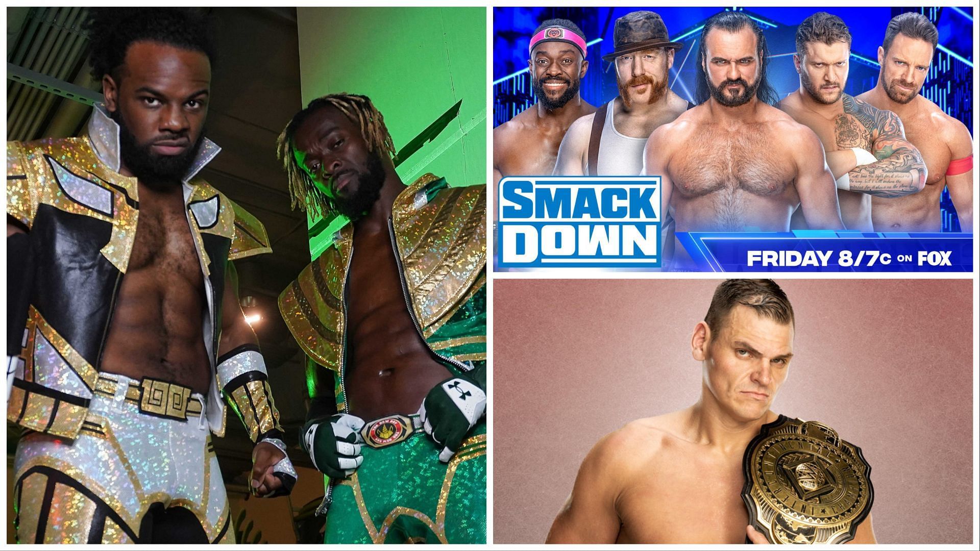 The New Day (L) WWE SmackDown ad for the fatal 5-way (Top R), Intercontinental Champion Gunther (Bottom R)