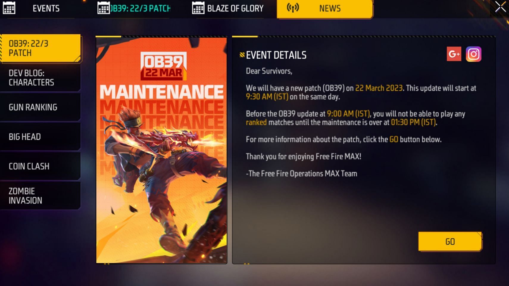 Maintenance and update schedule revealed in the game (Image via Garena)