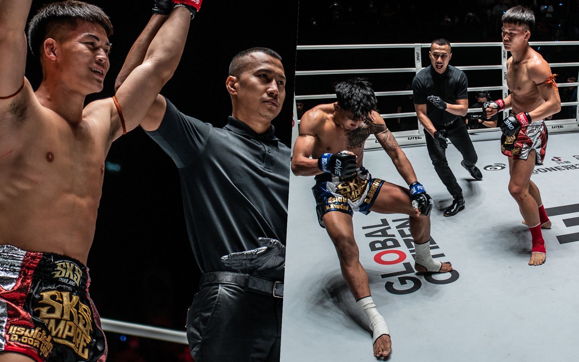 Rambolek Chor Ajalaboon (left) knocks out Theeradet Chor Hapayak with a beautiful one-two. | Photo by ONE Championship