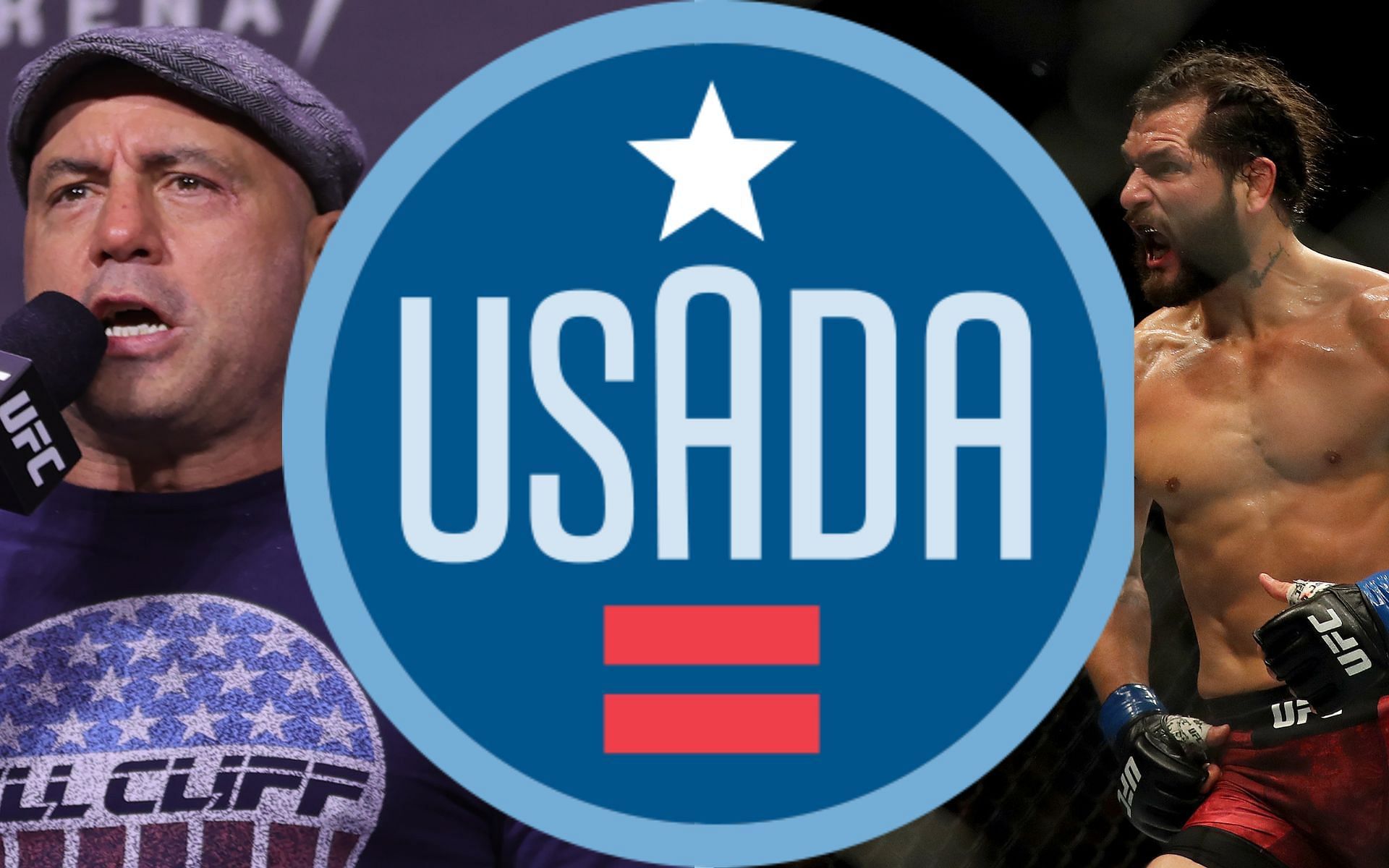 Joe Rogan (left), USADA logo (center), and Jorge Masvidal (right) (Image credits Getty Images and @usantidoping on Twitter)