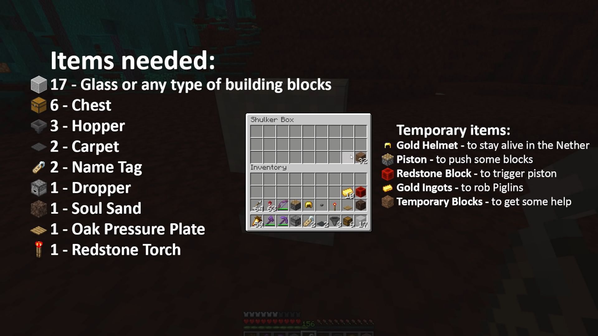 Items needed to build piglin bartering farm in Minecraft (Image via YouTube/Shulkercraft)