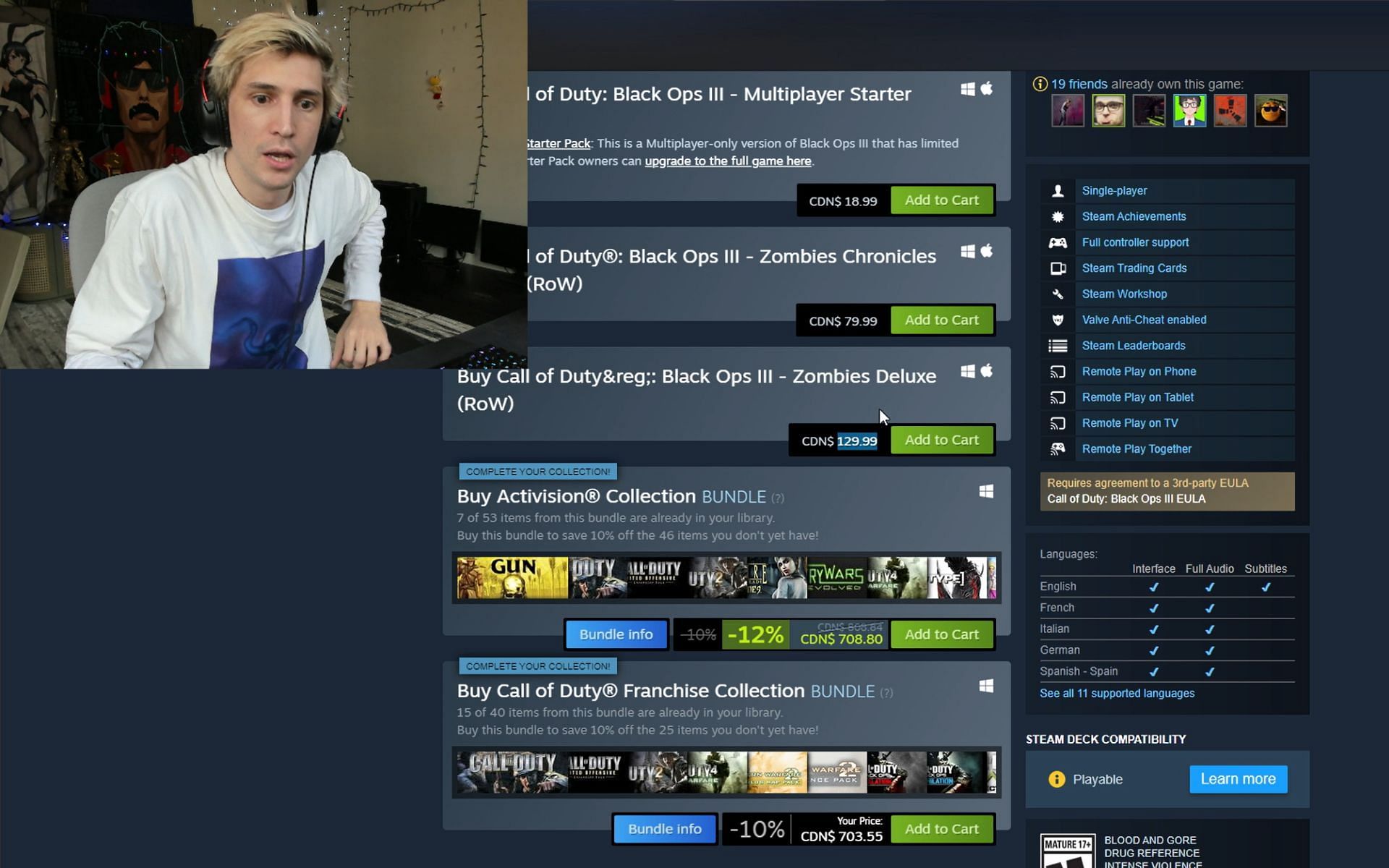 xQc goes off on Activision-Blizzard for their pricing of legacy Call of Duty games (Image via xQc/Twitch)