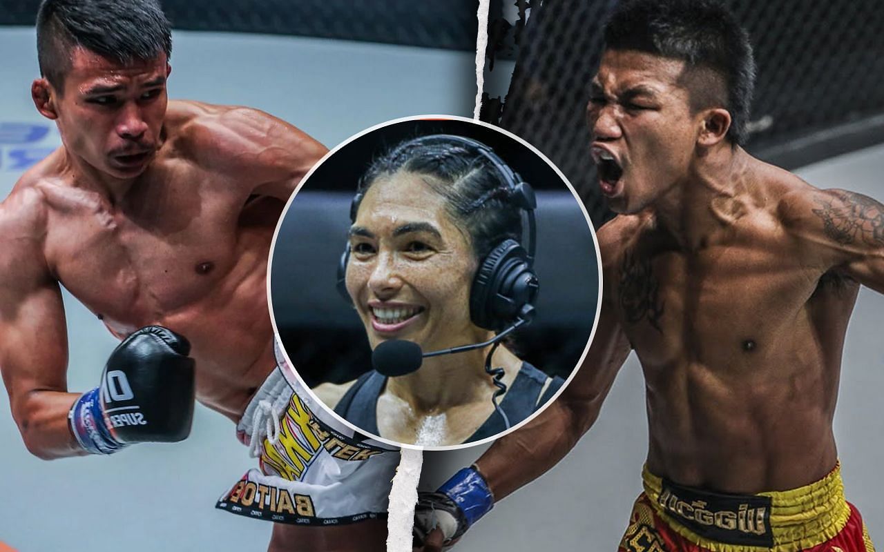 (left) Superlek Kiatmoo9 and (center) Janet Todd and (right) Rodtang Jitmuangnon [Credit: ONE Championship]