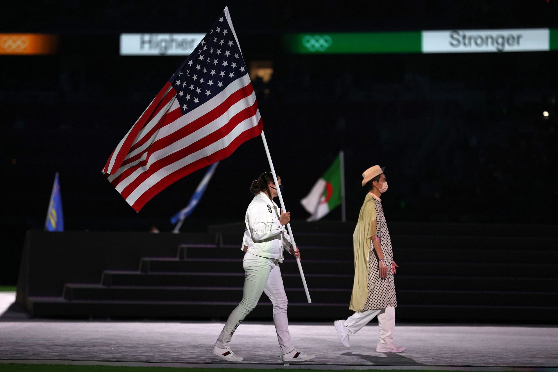 Flagbearer Kara Winger of Team United States during the Closing Ceremony of the Tokyo 2020 Olympic Games