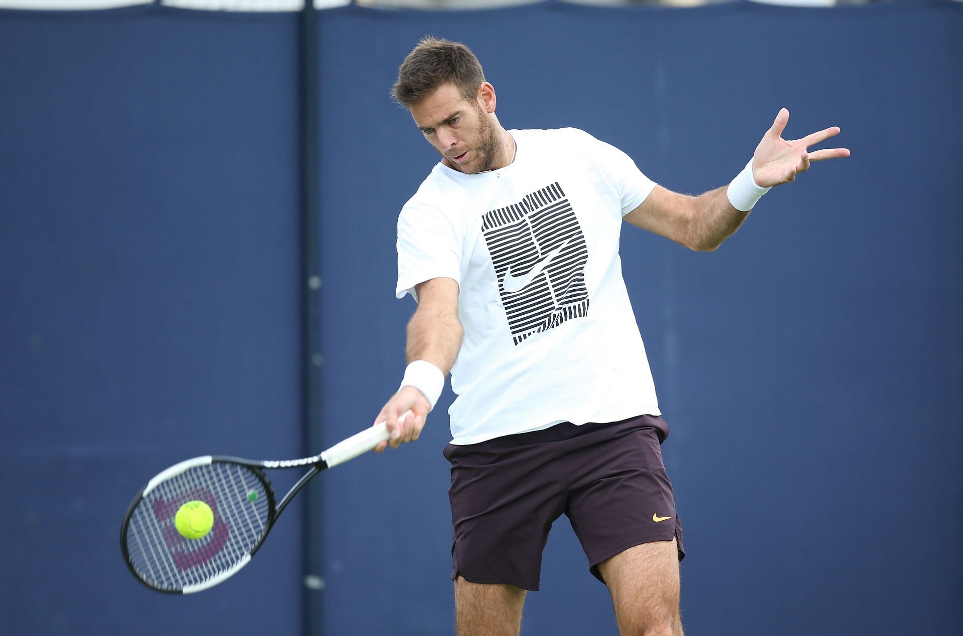 Juan Martin del Potro during a practice session prior to the Fever-Tree Championships at Queens Club in 2019.