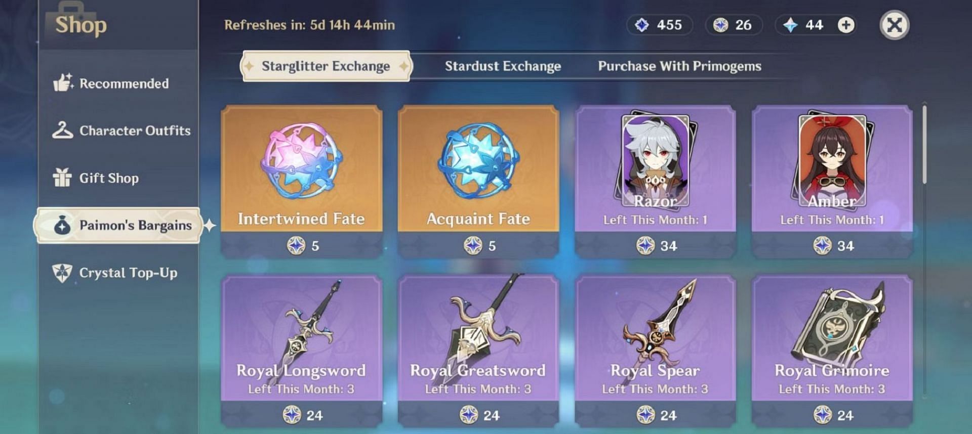 April&#039;s Paimon&#039;s Bargains shop menu (Image via HoYoverse)