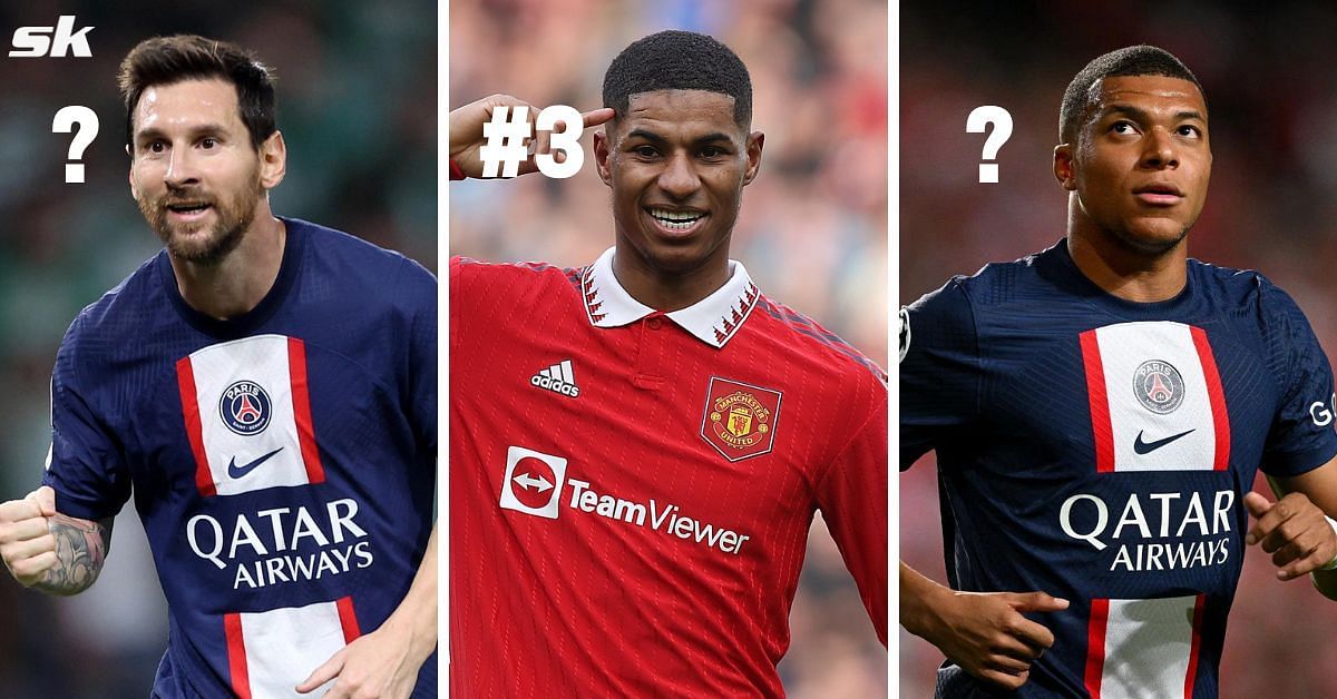 Lionel Messi (left), Marcus Rashford (center) and Kylian Mbappe (right)