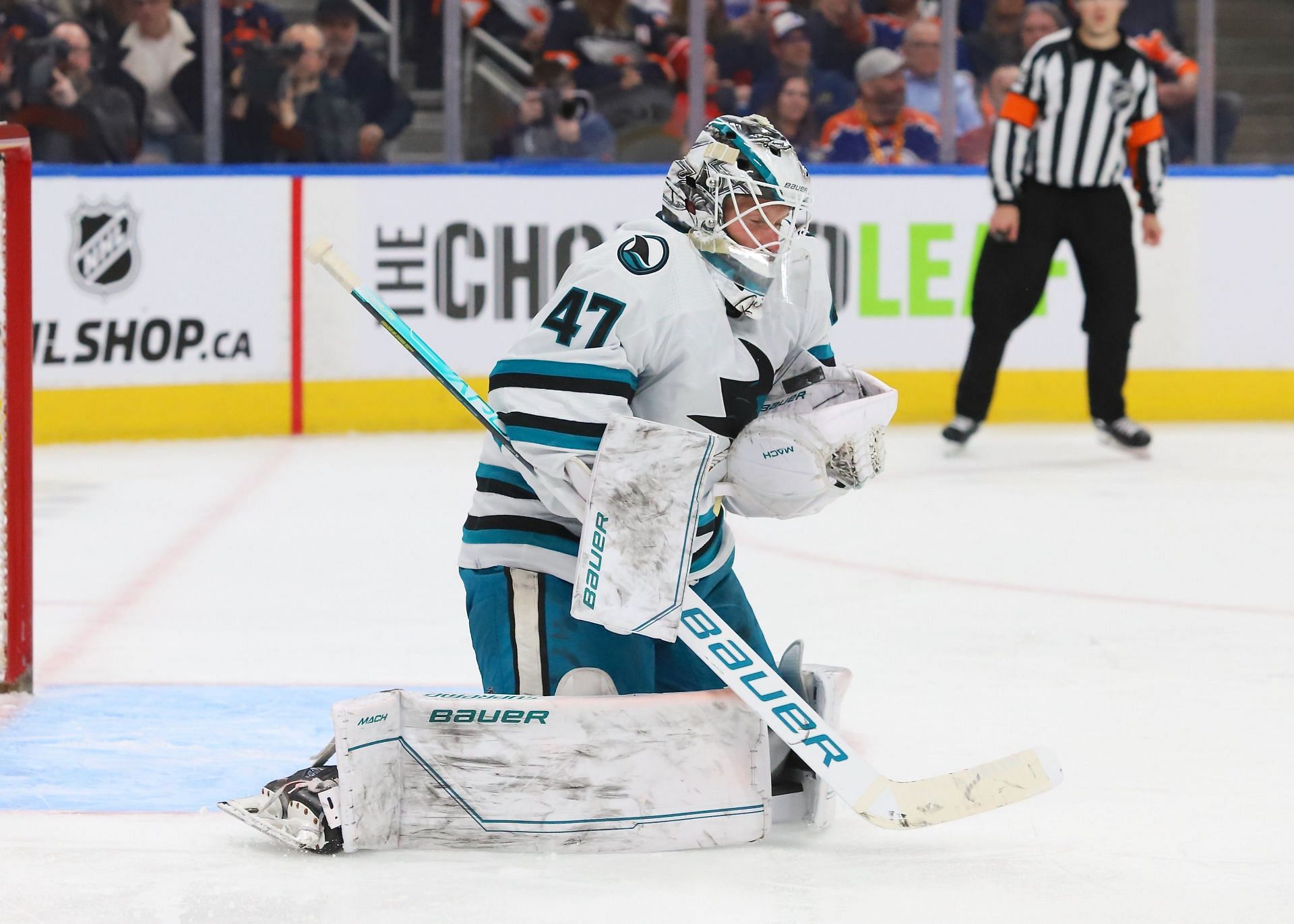 James Reimer #47 of the San Jose Sharks makes a save in the third period against the Edmonton Oilers on March 20, 2023 at Rogers Place in Edmonton, Alberta, Canada. (Photo by Lawrence Scott/Getty Images)