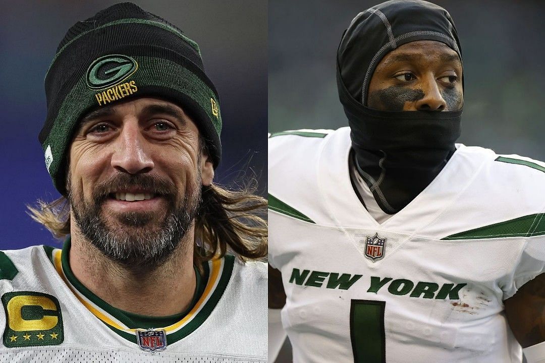 Aaron Rodgers, left, Sauce Gardner, right 