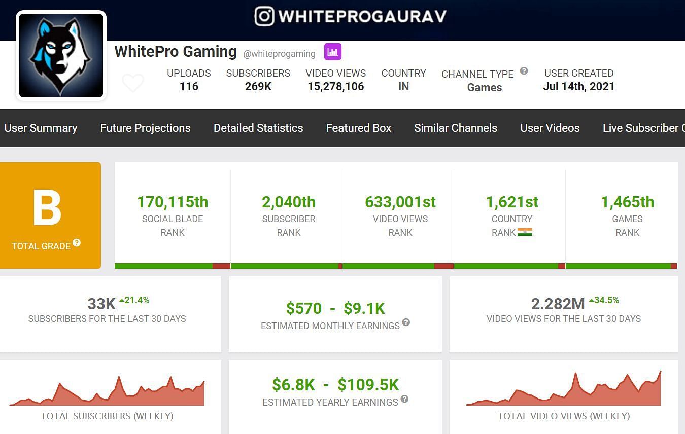 Details about WhitePro Gaming&#039;s monthly income (Image via Social Blade)