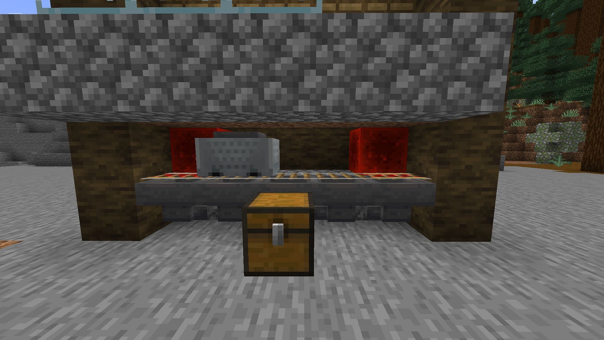The collection stations consisting five hoppers connected to a chest made in Minecraft (Image via Mojang)
