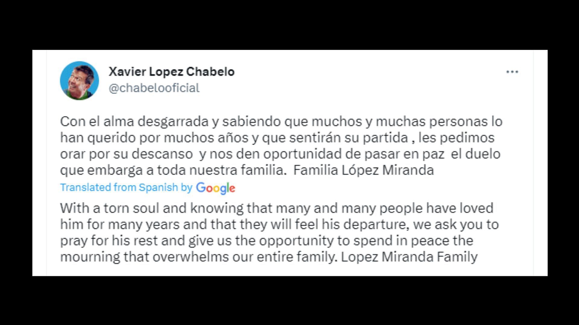 Chabelo&#039;s family reveals about his death on Twitter (Image via chabelooficial/Twitter)