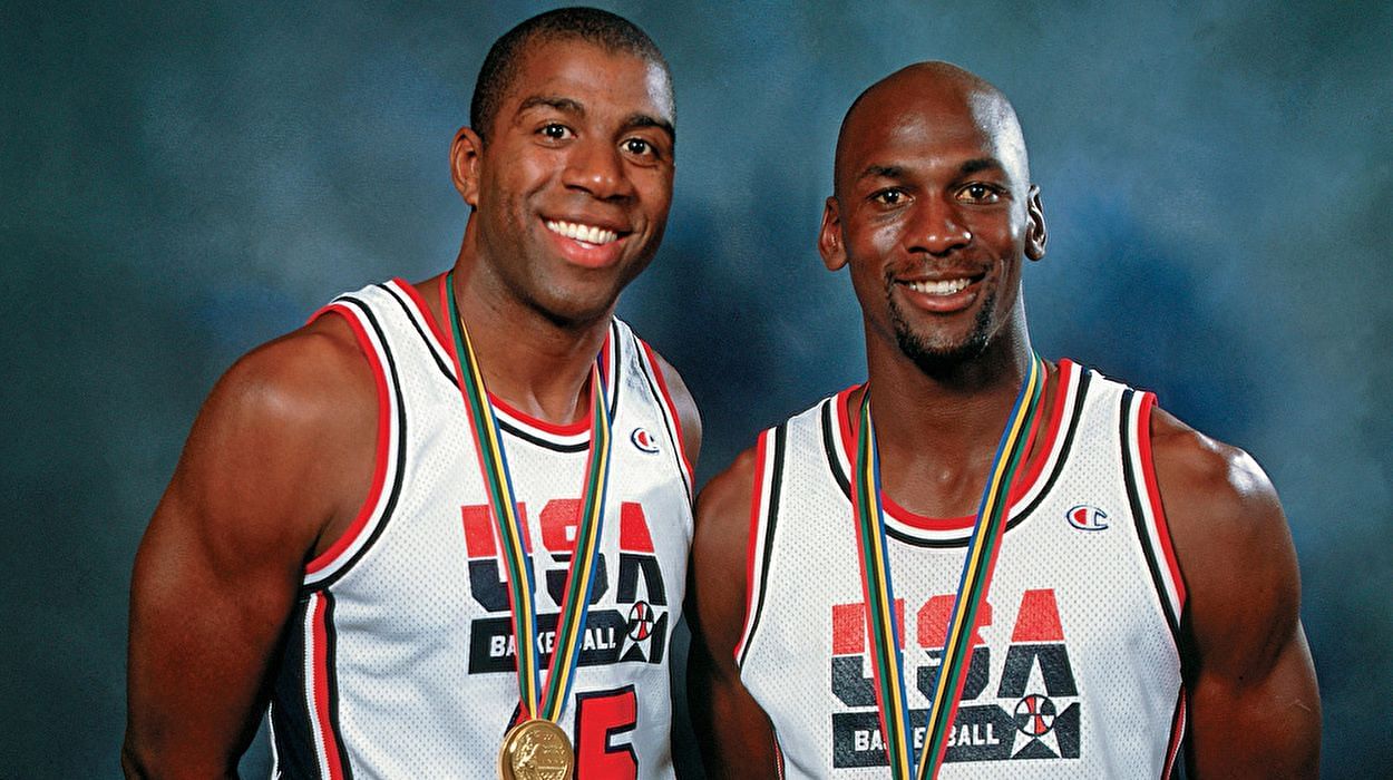 Magic Johnson and Michael Jordan as members of the Dream Team
