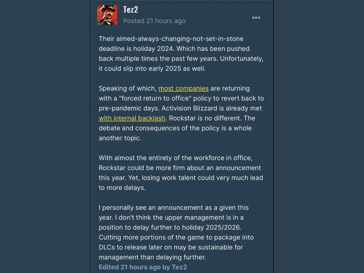 Tez2&rsquo;s post talking about Story Mode DLCs in Grand Theft Auto 6 (Image via GTA Forums)
