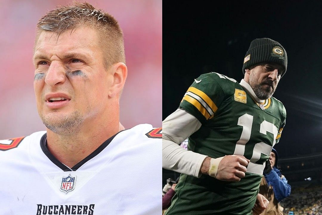 Rob Gronkowski, left, Aaron Rodgers, right