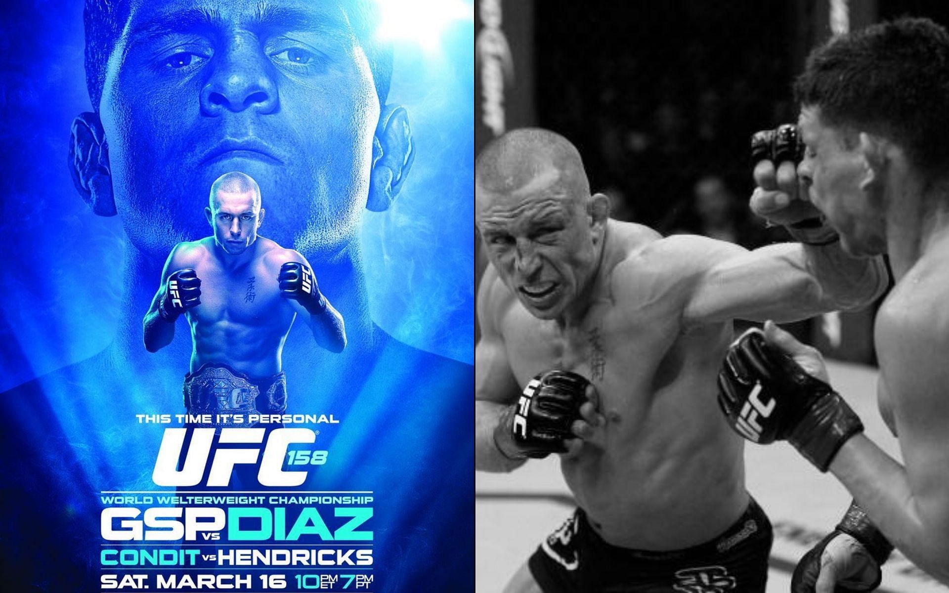 UFC 158 poster [Left], and Georges St-Pierre vs. Nick Diaz [Right] [Photo credit: @MMAHistoryToday and @FUELTV - Twitter]