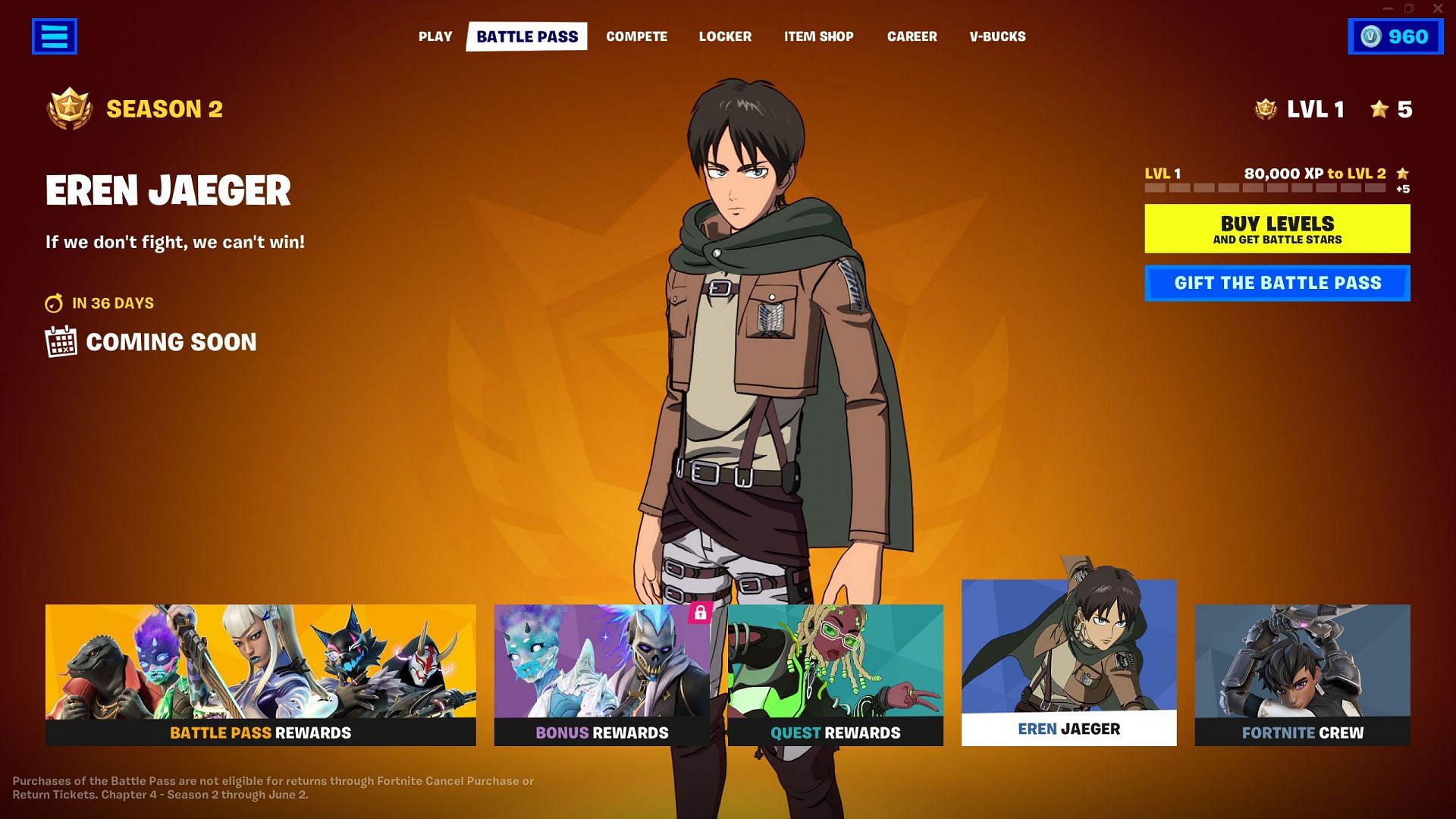 Eren Yeager will be unlockable later in the season (Image via Epic Games)