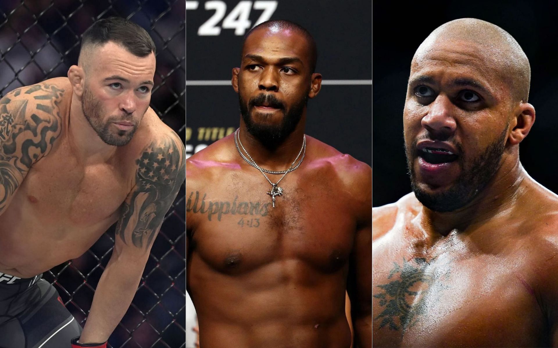 Colby Covington (left), Jon Jones (middle) and Ciryl Gane (right)